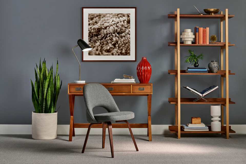 beige loop carpet in modern gray home office with wooden desk